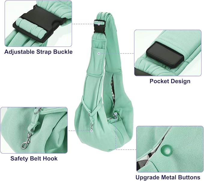 PETAXCELL Dog and Cat Sling Carrier Up to 16.5 Lbs, Hand-Free Reversible Pet Sling Carrier with Adjustable Strap and Pocket, (Green, 1 Pcs) Intended for Hiking/Camping/Traveling
