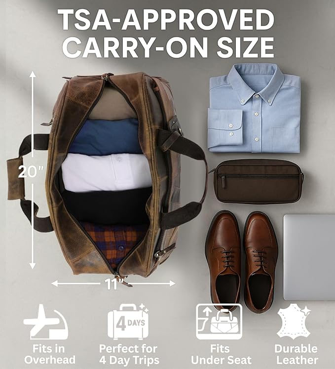 Leather Duffle Bags for Men - Handmade Full Grain Leather Weekender Bag with 2 Shoe Compartment, Underseat Carry On Travel Luggage