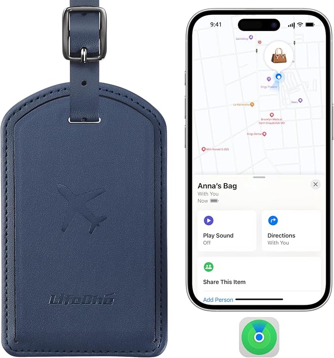 Luggage Tags Built-in Anti-Loss Tracker, Luxury Leather Luggage Tags for Suitcase, Travel Bags, Backpacks, Travel Organizer for Lost Baggage Prevention (Navy Blue)