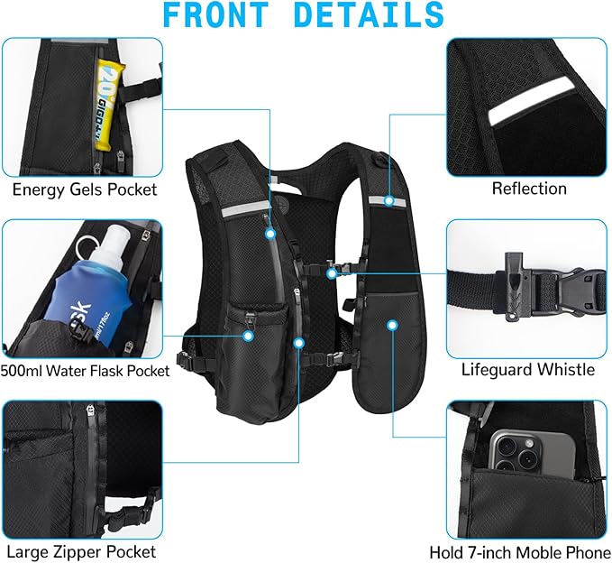 Hydration Backpack with 2L Water Bladder, Lightweight Running Vest for Women Men, Adjustable Straps, Multi-Pocket Water backpack, Breathable Running Vest for Hiking, Cycling, Climbing, Camping, Biking