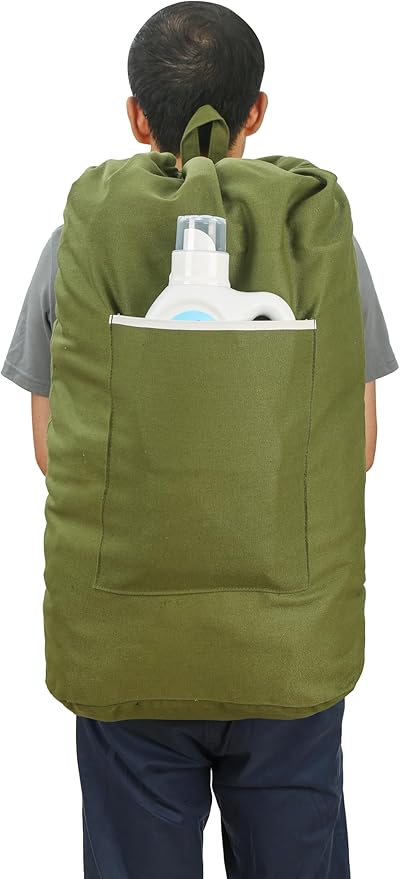 Canvas Laundry bag, Washable Laundry backpack, Adjustable Straps, Large Front Pocket, Drawstring Closure (ARMY GREEN, X-Large)