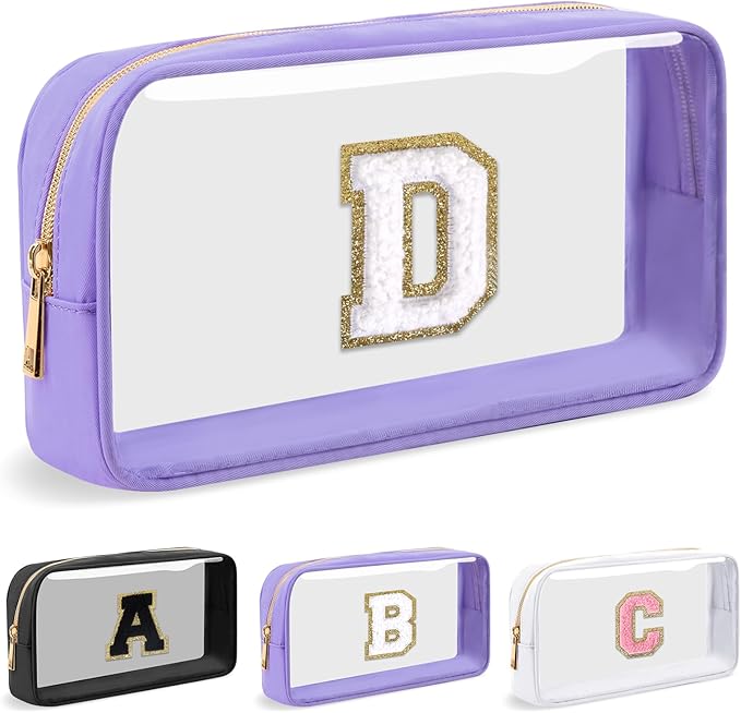 Personalized Initial Letter Clear Makeup Bag,Preppy Small Nylon&PVC Cosmetic Zipper Bag with Chenille Letter,Travel Skincare Toiletry Bag,Monogram Christmas Gift for Teen Girls Women,D