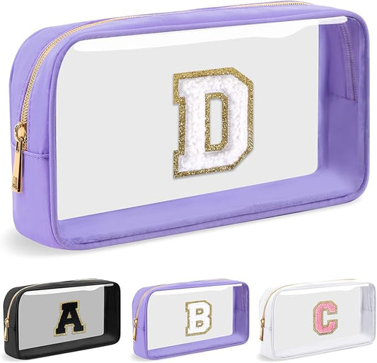 Personalized Initial Letter Clear Makeup Bag,Preppy Small Nylon&PVC Cosmetic Zipper Bag with Chenille Letter,Travel Skincare Toiletry Bag,Monogram Christmas Gift for Teen Girls Women,D