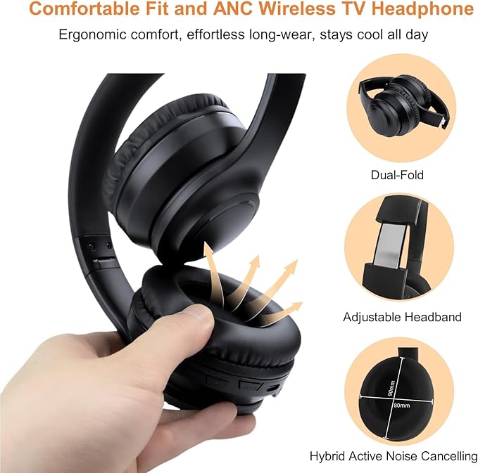 Hybrid Active Noise Cancelling Wireless TV Headphones for Seniors, ANC Headset with 5-in-1 Transmitter (Optical/Coaxial/RCA/USB/AUX), No Audio Latency, Clear Voice, Compatible with TV/PC