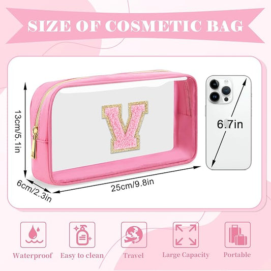 Personalized Initial Letter Clear Makeup Bag,Preppy Small Nylon&PVC Cosmetic Zipper Bag with Chenille Letter,Portable Beach Travel Skincare Toiletry Bag,Trendy Monogram Gift for Teen Girls Women,V
