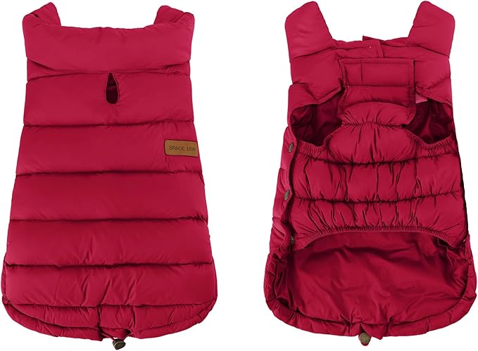 SPACE LION Dog Puffer Jacket, Down Winter Coat, Durable Outdoor Coat for Cold and Windy Conditions, Lightweight & Adjustable Fit Coats for Medium Dogs, (Red, Size14/L)