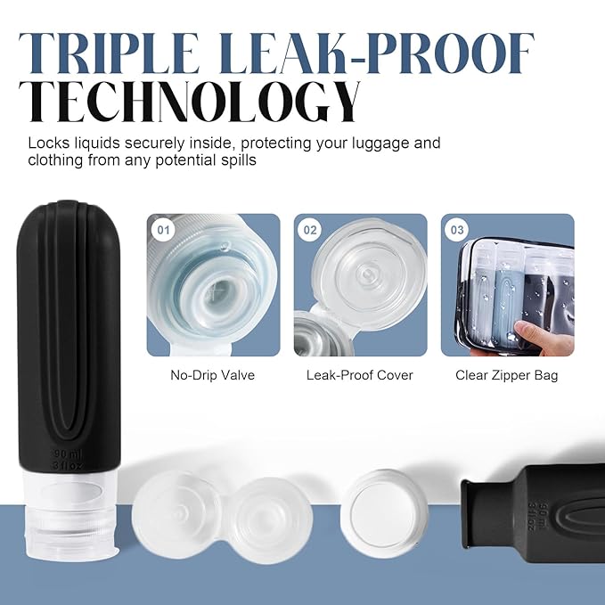 Travel Bottles for Toiletries, 3oz TSA Approved Travel Size Toiletries, Silicone Leak-Proof Refillable Containers, Squeezable Liquid Essentials Bottles W/Clear Bag (GRAY)