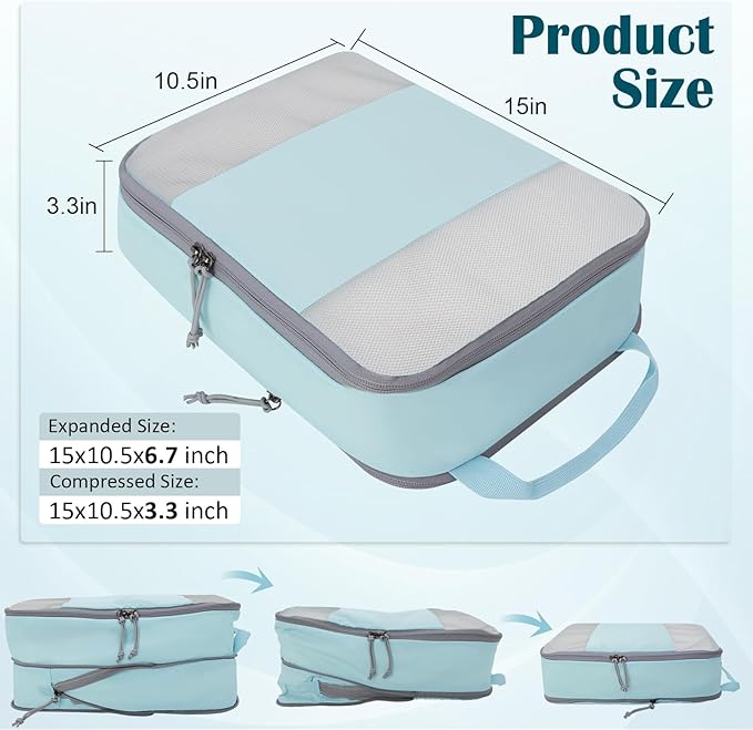 Compression Packing Cubes for Travel Essentials, 2 Set Expandable Compression Bags for Travel Packing Cubes for Suitcase Luggage Organizer Bags, Blue Mesh