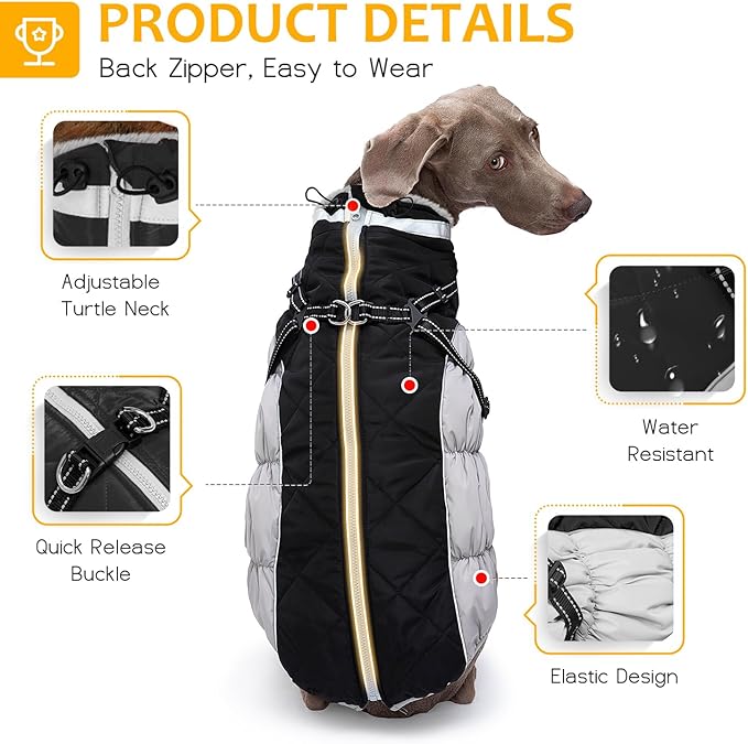 Abuandi Dog Winter Coat with Harness, Dog Jacket, Pet Clothes with Zipper on Back, Waterproof Windproof Warm Vest, Reflective Cold Weather Coats, for Small Medium Large Dogs, Thick, Black, 2XL