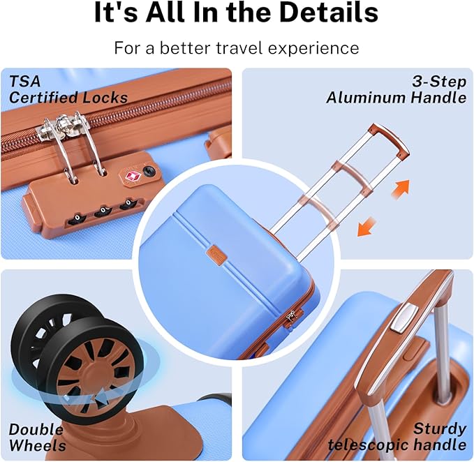 Krute Carry On Luggage Sets 3 Pieces Suitcase Set Hard Shell PC+ABS Airline Approved Suitcases with Spinner Wheels TSA Approved 20 Inch Luggage (BlackBrown)