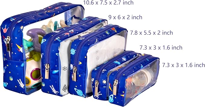 TSA Approved 5-Piece Diaper Bag Organizer Pouch Set Clear Waterproof TPU Kids Toiletry Storage Set Travel Packing Clutch Cube Bags for Baby Nursing
