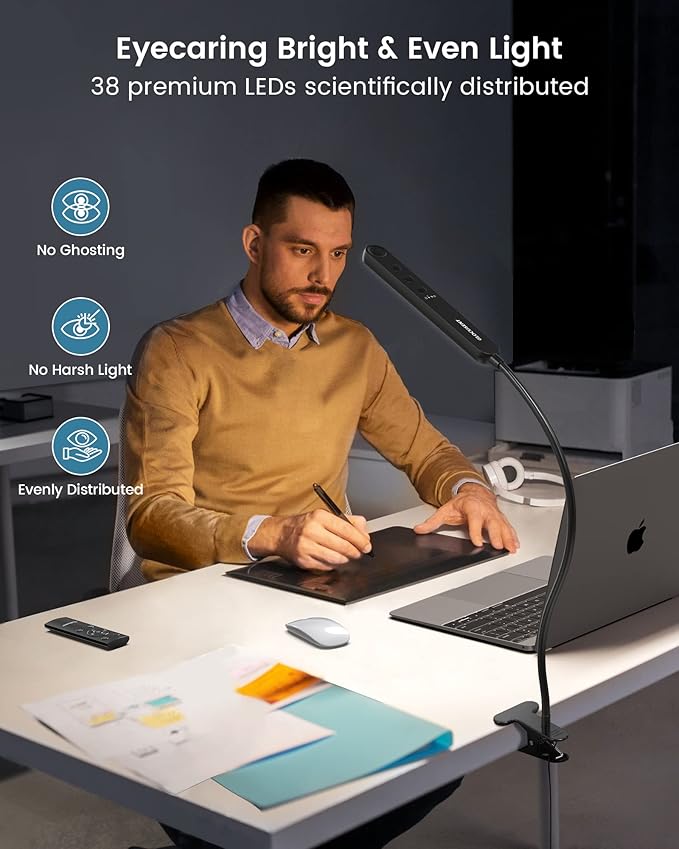 Glocusent 38 LED Clip On Light: 5W Eye Caring Book Lights for Reading at Night - 5 Color & 5 Brightness with a Remote, 30-Min Auto Off Timer, Multi-Purpose Clip Lamp for Bed Reading/Studying/Working