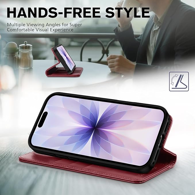 TUCCH Wallet Case for iPhone 17 (6.3") 2025, 3 Credit Card Slot | RFID Blocking | Stand | PU Leather | Protective Flip Folio Cover | Shockproof TPU Interior Shell | Deep Red