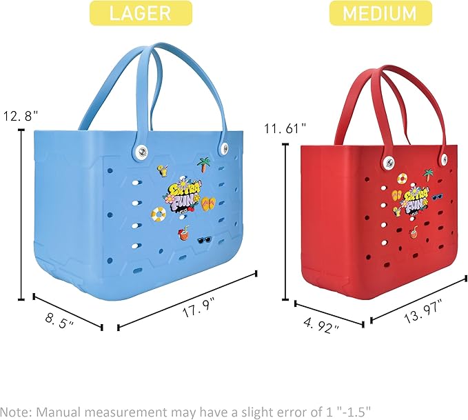 2-Piece Tote Bag Set, Waterproof Rubber Beach Bag with Summer Pattern, Medium & Large Handbag for Pool, Beach, Boat
