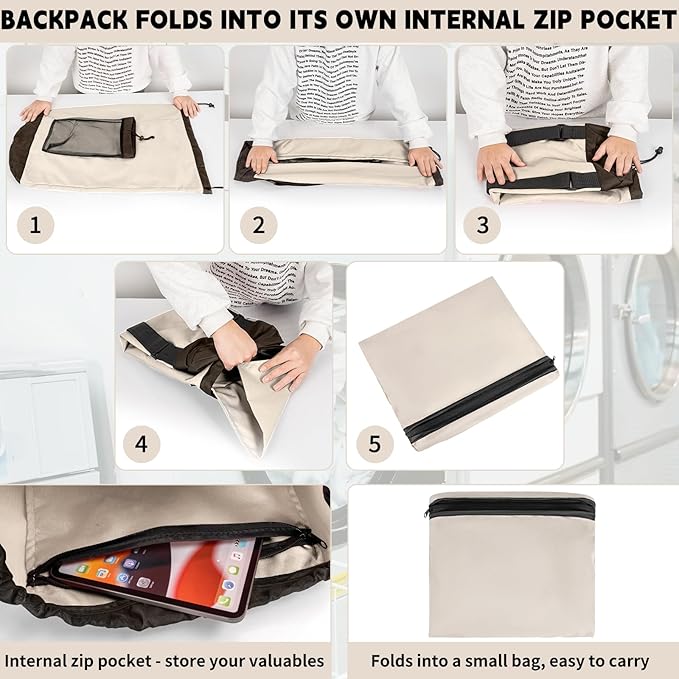 Laundry Bag Backpack with Shoulder Straps and Mesh Pocket Foldable Clothes Hamper Bag with Drawstring Closure for College, Apartment, Laundromat (Grey)