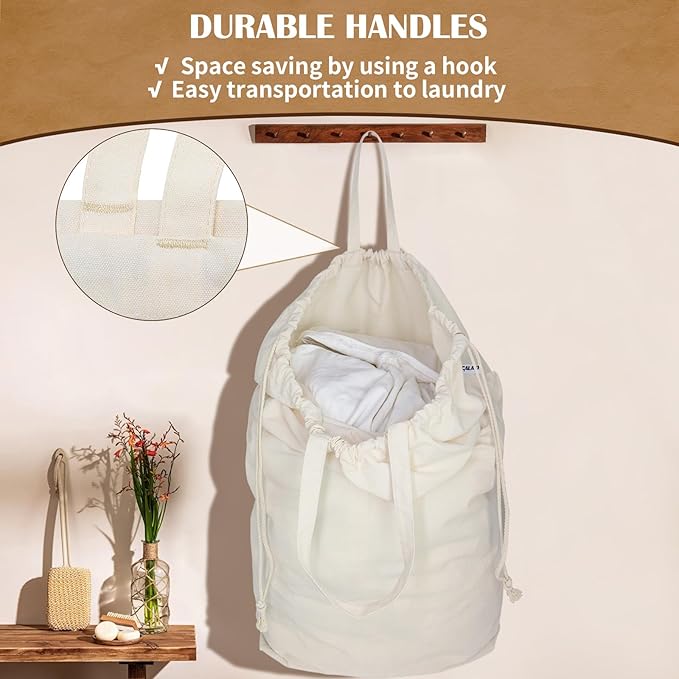 Canvas Laundry Bags with Handles & Square Base 13.8"x 13.8", Large Heavy Duty Laundry Hamper Bag, College Dorm Washable Drawstring Cotton Dirty Clothes Sack (Beige,1 Pack)