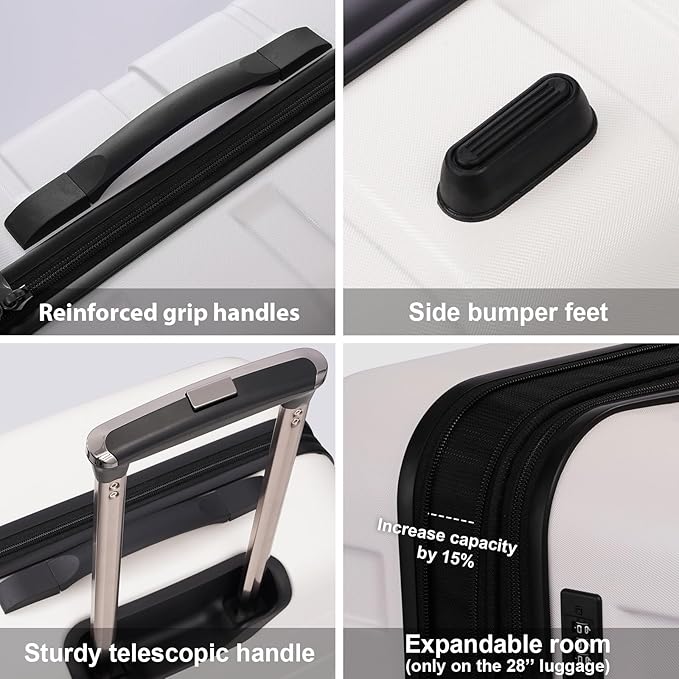 Coolife Luggage PC+ABS Expandable Hardshell Suitcase with TSA Lock, Spinner Checked Lightweight (White, 28in)