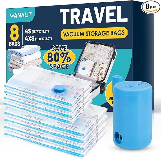 Vacuum Storage Bags for Travel, 8 Pack (4S+4XS) Vacuum Seal Bags with Wireless Rechargeable Electric Pump, Travel Essentials Space Saving Compression Bag for Clothes, Luggage, Suitcase, Backpack, Trip