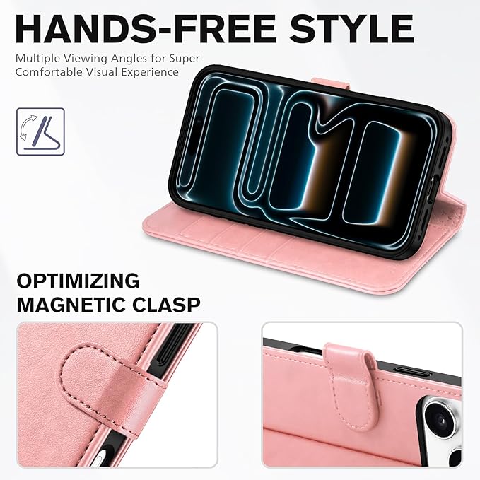 TUCCH Case Wallet for iPhone 17 Pro Max (6.9") 2025, Stand | RFID Blocking | 4 Card Holders | PU Leather | Magnetic Closure Folio Protective Cover | TPU Shockproof Inner Shell | Rose Gold