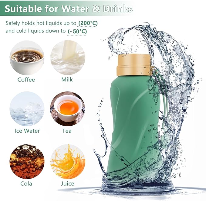 Collapsible Water Bottles,650ml,Leak Proof,Reuseable BPA Free Silicone Foldable Water Bottles,Durable Lightweight for Travel Gym Camping Hiking,Compact Size Portable Sports Water Bottle (Green)