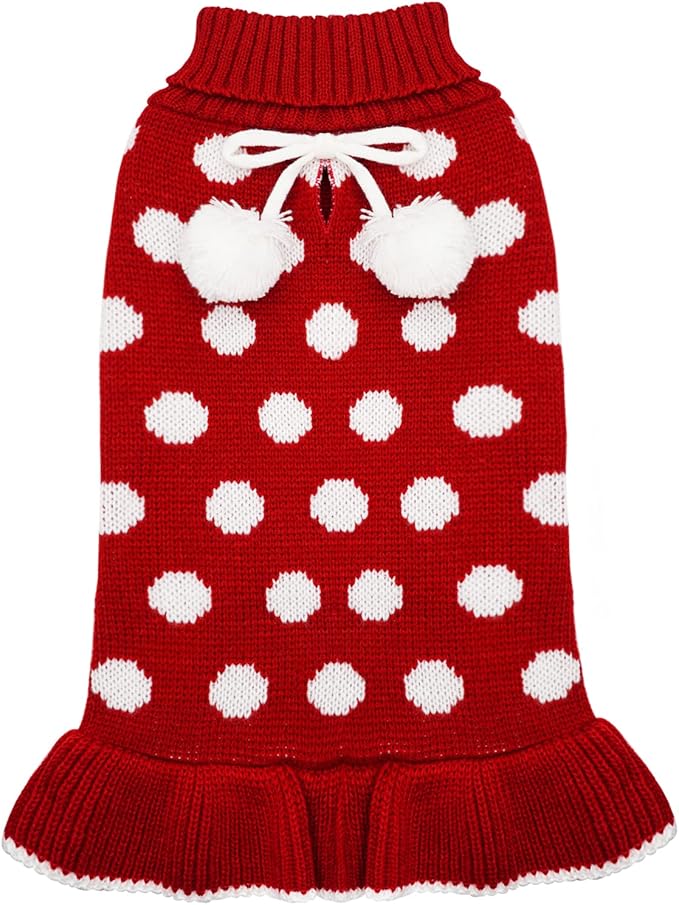 KYEESE Dog Sweater Dress with Leash Hole Polka Dot Turtleneck for Girl Dogs Sweaters Red Knit Pullover with Pom Pom Ball