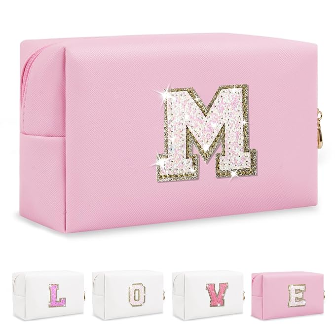 Small Personalized Initial A-Z Patch Makeup Bag,Pink Cute PU Leather Glitter Letter Cosmetic Bag for Teen Girls,Travel Toiletry Bag with Zipper,Preppy Monogrammed Birthday Gift for Daughter Niece M