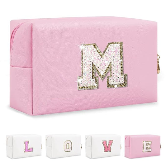 Small Personalized Initial A-Z Patch Makeup Bag,Pink Cute PU Leather Glitter Letter Cosmetic Bag for Teen Girls,Travel Toiletry Bag with Zipper,Preppy Monogrammed Birthday Gift for Daughter Niece M