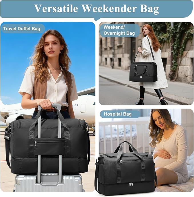Travel Duffle Bag with Shoe Compartment, XL Weekender Bags for Women, Carry On Overnight Bags for Gym Sports & Business Trips, Water-Resistant Hospital Bag for Labor and Delivery