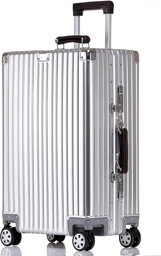 HotWay 28 Inch All Aluminum Checked in Luggage with Leather Handle, Hard Shell Zipperless Suitcase with TSA Locks and Spinner Wheels, Large Luggage for Business Travel, Silver