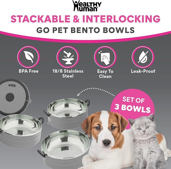 Healthy Human Travel Pet Bento Bowls - Human-Grade Stainless Steel & BPA-Free, Leak-Proof Water & Food Container Set for Dogs & Cats, 2-Pack Interlocking Bowls, Includes Spare Clips & Handle (Gray)