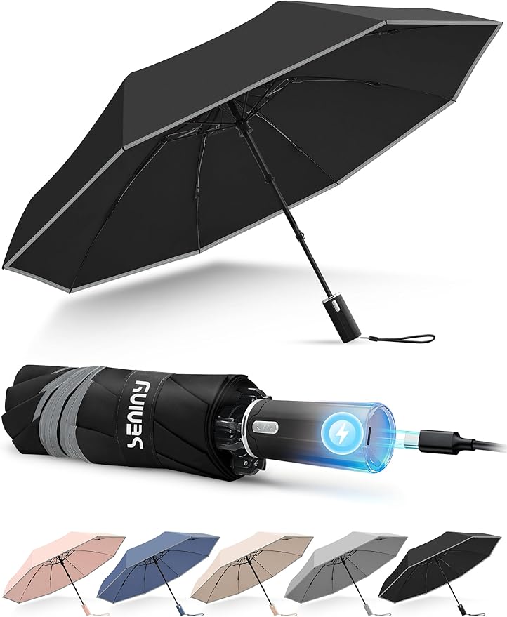 Seniny Electric Travel Umbrella with Intelligent Open Close, Rechargeable Umbrellas for Rain Windproof, Automatic Portable & Compact Umbrella with Reflective Stripe