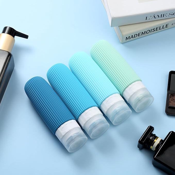 Travel Bottles for Toiletries, Tsa Approved 3oz Portable Travel Bottles, BPA Free Leak Proof Squeezable Silicone Travel Size Containers, Travel Accessories with Clear Toiletry Bag (4 Pack)