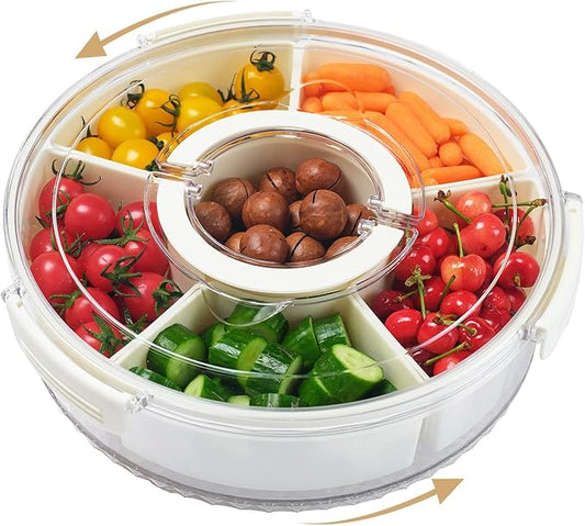 Rotating Divided Serving Tray with Lid and Handle,6 Compartments Snackle Box Container,12" Large Snack Spinner Lazy Susan,Snack Box Organizer Veggie Tray Fruit Platter Charcuterie Container Platterbox