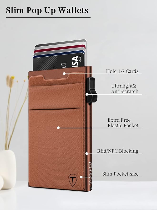 Slim Wallet for Men and Women,Pop Up Credit Card Wallet Metal Minimalist Cards Holder with Money Pocket,Small Ultralight Aluminum RFID Blocking Wallets 6-12 Card Capacity,Brown