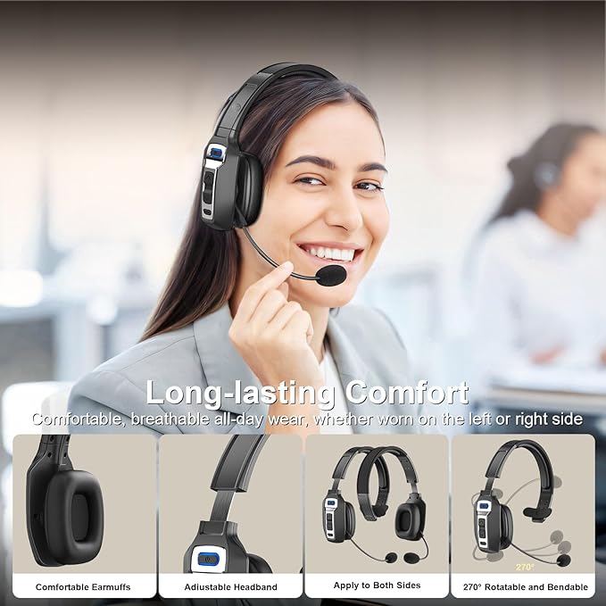 Bluetooth Headset, Trucker Bluetooth Headset with AI Noise Cancellation Microphone & Mute Button, Trucker Headphones with 65 Hrs Working Time, 5.2 Multitasking for Truck Drivers/Phone