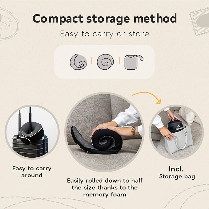 Travel Pillow - Airplane Neck Pillow with 360° Support - 100% Pure Memory Foam Flight Pillow for Sleeping on Airplanes - Travel Neck Pillow for Traveling