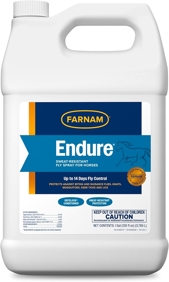 Farnam Endure Sweat-Resistant Fly Spray for Horses, Sweat-Rsistant Formula Lasts Up to 14 Days, Kills and Repels Against Flies, Gnats, Mosquitoes, Ticks & Lice, 128 oz.