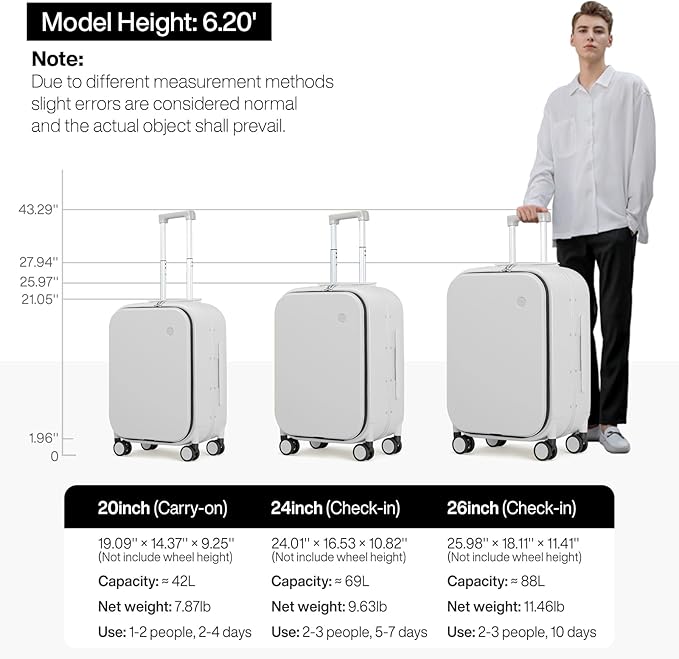 mixi 24 Inch Checked Luggage PC Hard Shell Suitcase Top Opening Aluminum Frame Travel Suitcases with Wheels, Smoke White