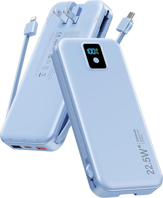 Portable Charger, 12000mAh 22.5W Fast Charging Power Bank with Built-in Cables & Wall Plug, Travel Essential Battery Pack with LED Display, USB C Battery Phone Charger for iPhone, iPad, Samsung Blue