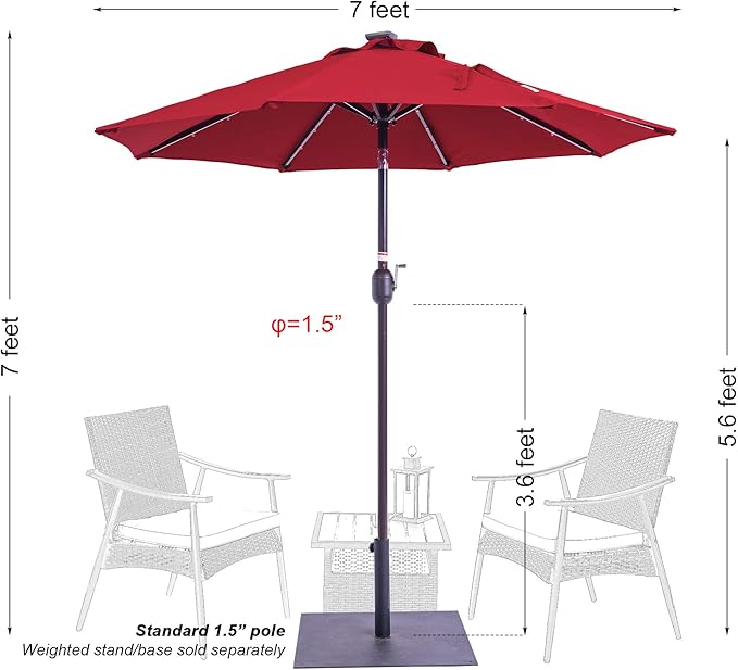 Sundale Outdoor 7 ft Solar-Powered 24 LED Lighted Patio Umbrella with Crank & Push Button Tilt for Garden, Deck, Backyard, Pool, 8 Ribs (Red)
