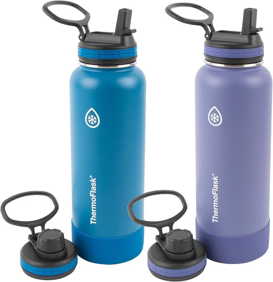 ThermoFlask Bottle with Spout Lid - Stainless Steel Water Bottles with Double-Wall Insulation & BPA-Free Spout Lids - Leak-Proof Reusable Bottles & Lids - 40 oz, Superior Blue / Mauve (2 Pack)