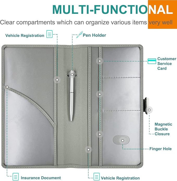 RSAquar Car Registration & Insurance Holder - Leather Glove Box Organizer, Cool Accessories for ID, Driver's License Cards & Essential Documents, Men & Women, Gray