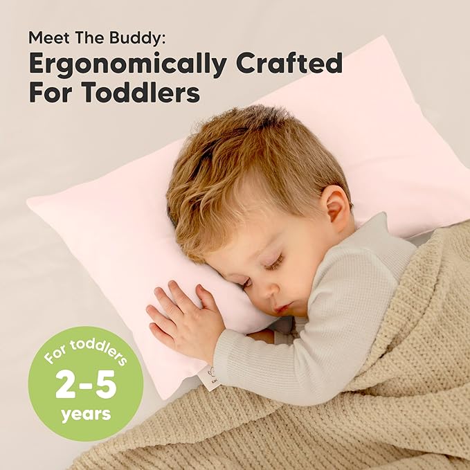 Toddler Pillow with Pillowcase - 10x18 My Little Dreamy Kids Travel Bed Pillows for Sleeping, Organic Cotton Small Pillowcase, Soft & Breathable, Machine Washable, Toddlers 2-5 years old (Mist Pink)