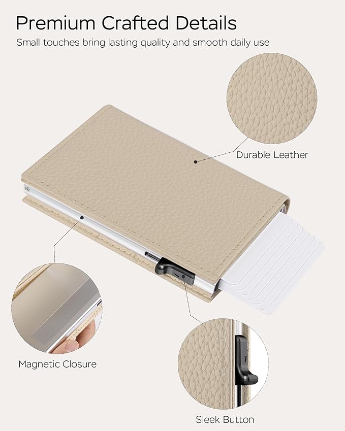 Vast Scenery Women's Small Wallet - Minimalist Neutral Beige Cream, RFID Blocking Smart Metal Pop Up Card Holder, Ultra Slim Fits Most Bags & Pockets, Holds 11+ Cards 10+ Bills, Gift for Her
