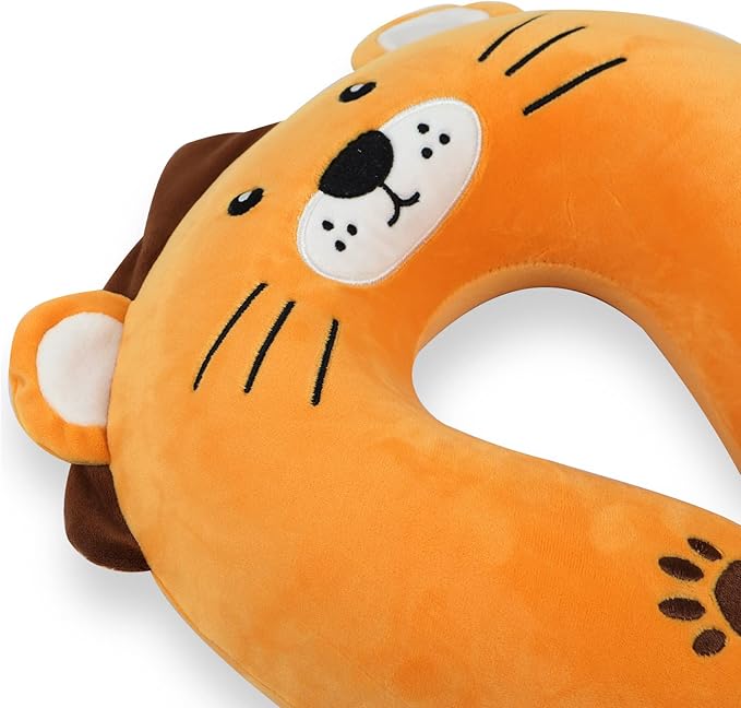 Sexysamba Cartoon Headrest & Neck Pillow for Kids Boys & Girls, Teens, Travel Accessories for Airplane, Car, Recline, Memory Foam Cute Travel Pillow with Sleep Eye Mask - Lion