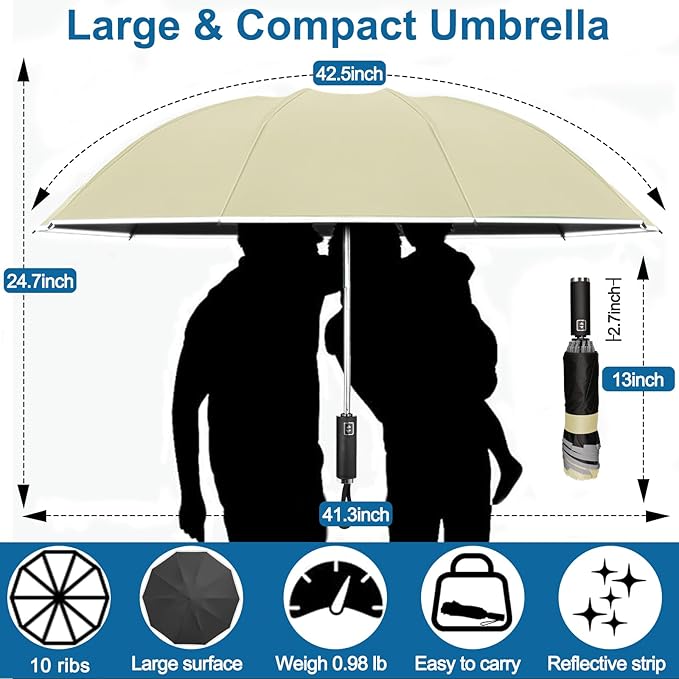 Travel Umbrella for Rain, Automatic Folding Windproof Umbrella with Case - Compact Reverse with 360° Reflective Stripe, Light & Portable Durable for Women & Men