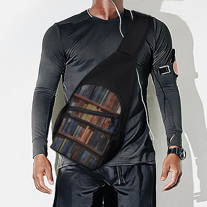 SWEET TANG Women Shoulder Chest Sling Bags Backpacks Vintage Library Bookshelf Bookcase, Fashion Casual Pack Crossbody Bags Daypack Multipurpose for Travel Outdoors Running