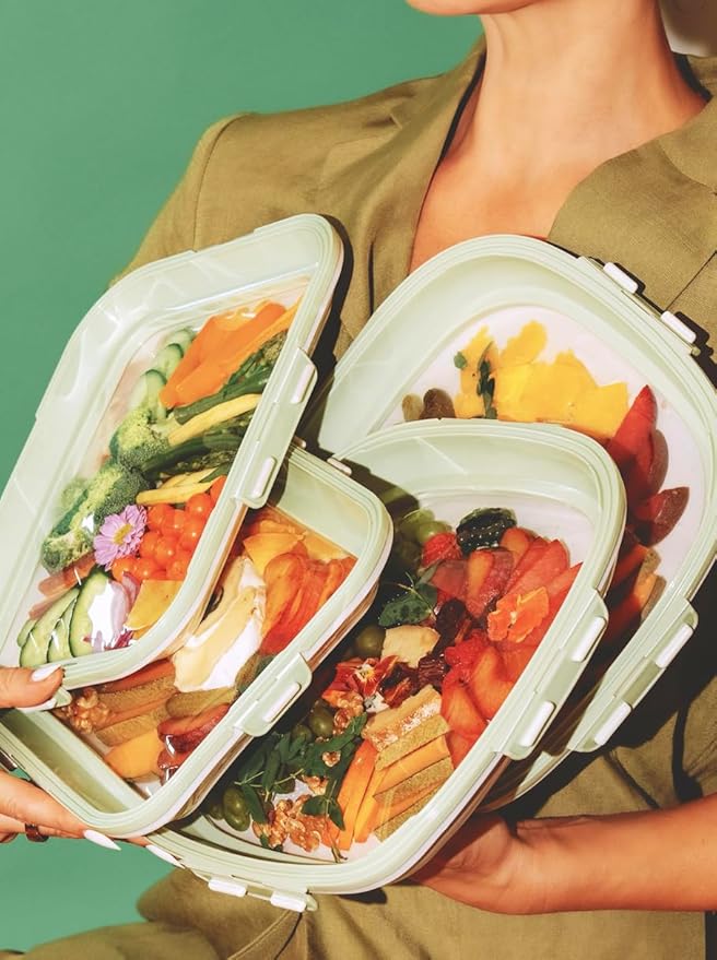 Crudités | Portable Snack Tray | Rectangle 2-Pack | Sage Green | Reversible Stretch Lid Food Containers | BPA-Free, Freezer & Dishwasher Safe | Meal-Prep, Charcuterie, Salads, Picnic, Travel