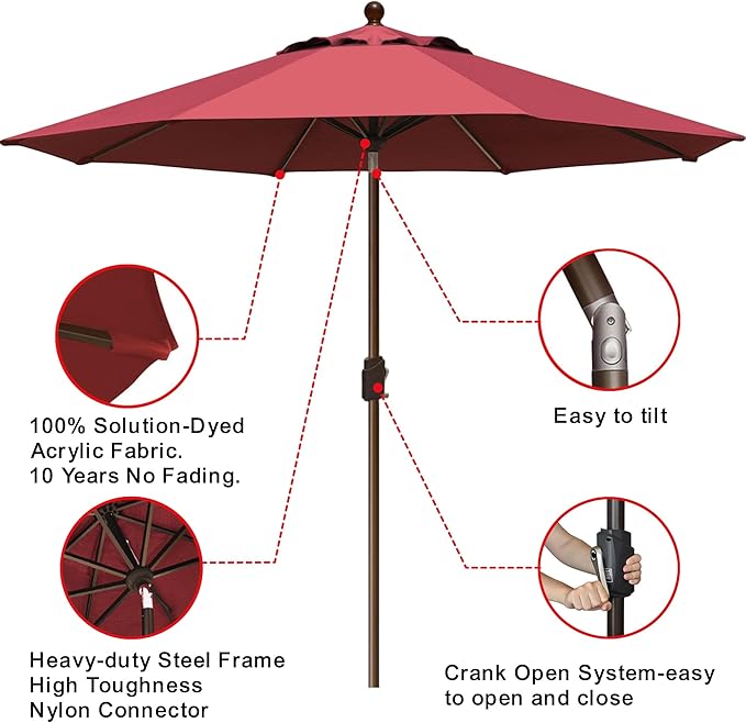 EliteShade USA 10-Year-Non-Fading 9Ft Market Umbrella Patio Umbrella Outdoor Table Umbrella with Ventilation, Burgundy