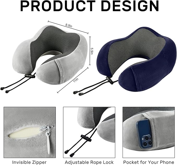 Travel Pillow for Airplane-2 Pack Memory Foam Neck Pillows, Soft Support Travel Essentials for Travelling, Sleeping Rest, Car, Train and Home Use(Grey&Blue)